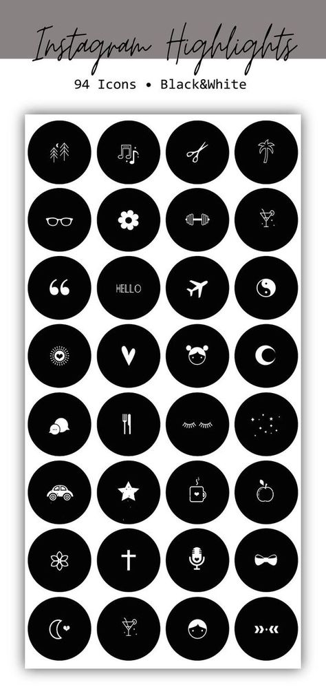 Inspiration for Instagram Story Covers Instagram Icons Aesthetic, Black Instagram Highlight Covers, Ig Icons Highlights Aesthetic, Insta Highlight Covers, Instagram Highlight Icon, Instagram Black Theme, Instagram Story Covers, Black And White Icons, Icons Social Media