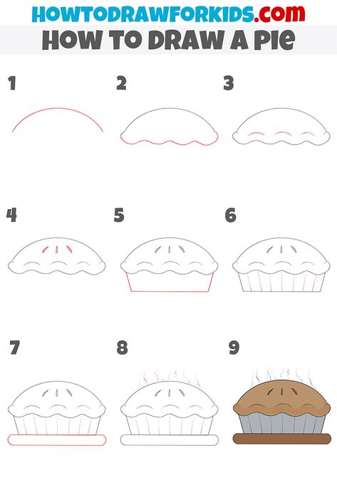 Food Drawing Easy Step By Step, How To Draw A Pie, How To Draw Food Step By Step, Pie Drawing Easy, How To Draw Food, Drawing Curriculum, Pie Doodle, English Drawing, Pie Drawing