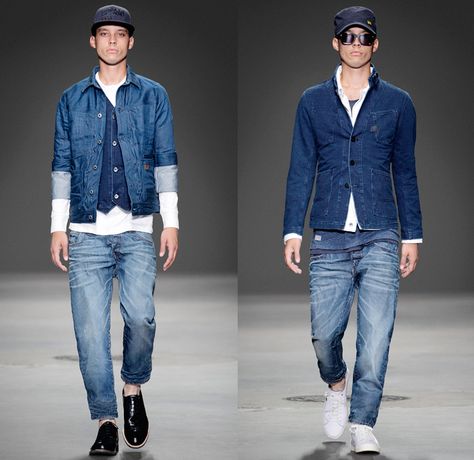 G-Star RAW 2014 Spring Summer Mens Runway Collection - New York Fashion Week - 25th anniversary Type C Elwood Faeroes Lumber Pant US First W... Runway Denim, Mens Runway, Men Streetstyle, Worker Jacket, G Star Raw Jeans, Denim Jeans Fashion, Summer Mens, Designer Denim, Men Shirts