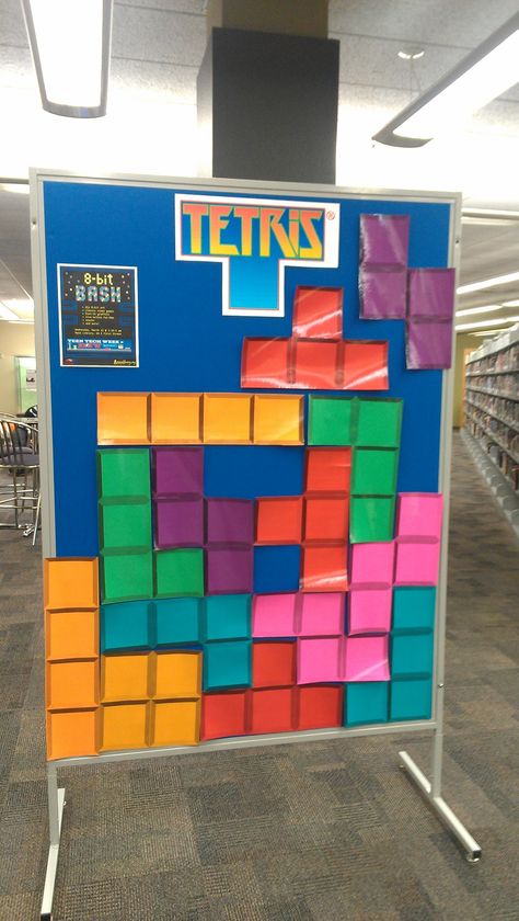 Teens, don’t miss our 8-Bit Bash this Wednesday. This life-sized Tetris game is just a bit of the fun we have planned Life Size Board Game, Interactive Decoration, Passive Programming Library, Passive Programming, Life Size Games, High School Games, Passive Programs, Library Games, Teen Library