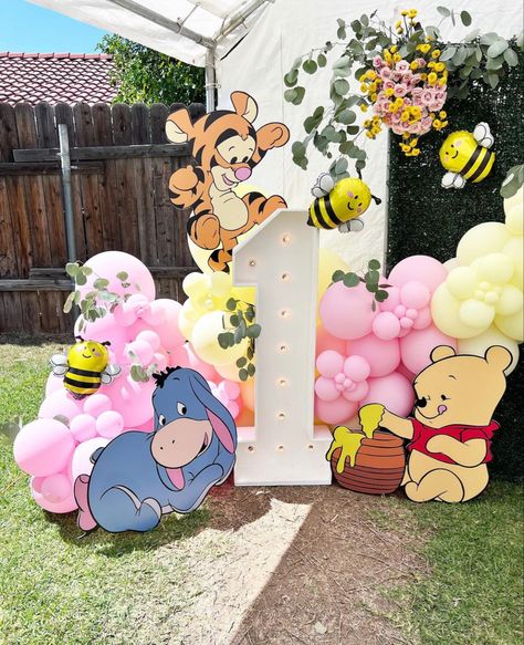 Winnie The Pooh Backdrop 1st Birthdays, Our Little Hunny Is Turning 1, Baby Bday Decoration Ideas, Girl Winnie The Pooh Birthday Party, Winnie The Pooh Birthday Party Girl 1st, Winnie Pooh First Birthday, Winnie The Pooh Birthday Party, Pooh Birthday Party, Baby First Birthday Themes