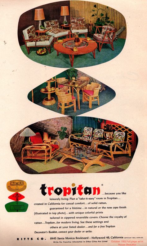 1952 House Beautiful. Scan of a full page ad for faboo bamboo MCM furniture Tiki Culture, Tiki Style, Tiki Bars, Tiki Decor, Tiki Bar Decor, Tiki Lounge, Enchanted Tiki Room, Tiki Art, Furniture Ads