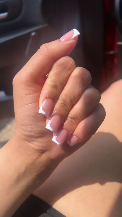 short square french tip.🤍 Short Chunky French Tips, Short Square Shaped Acrylic Nails, Short Back To School Nails Acrylic, Classy White Tip Nails, Very Short Square Nail Designs, Simple Nails Short French Tips, Regular French Tip Nails Short, Square French Tips Short, Short Short French Tip Acrylic Nails