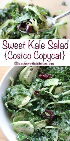 Sweet Kale Salad (Costco copycat recipe) - get the recipe at barefeetinthekitchen.com Brussel Sprout Kale Salad Recipe, Costco Kale Salad Copycat, Costco Salad, Costco Copycat, Sweet Kale Salad, Kale Vegetable, Kale Salad Recipes, Cranberry Salad, Sandwich Fillings