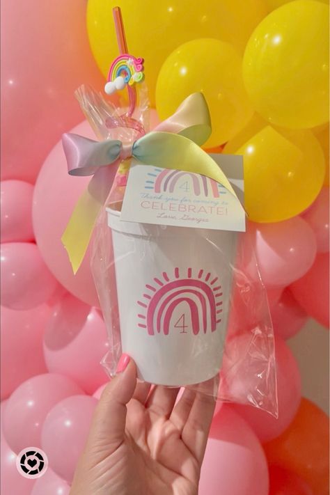 Pink balloons yellow balloons rainbow birthday party favor cups Tumbler Party Favors, Barbie Favors, Cup Party Favors, Rainbow Party Theme, Rainbow Party Ideas, Kids Birthday Ideas, Rainbow Birthday Party Ideas, Personalized Kids Cups, Personalized Birthday Favors