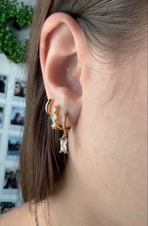 Earrings, gold earrings, gold piercings, 3 ear piercings, diamond earrings, affordable jewlery, gold, elegant, earring stack 3 Ear Piercings, Gold Piercings, Earring Stack, Ear Stack, Earrings Gold, Ear Piercings, Gold Earrings, Piercings, Diamond Earrings