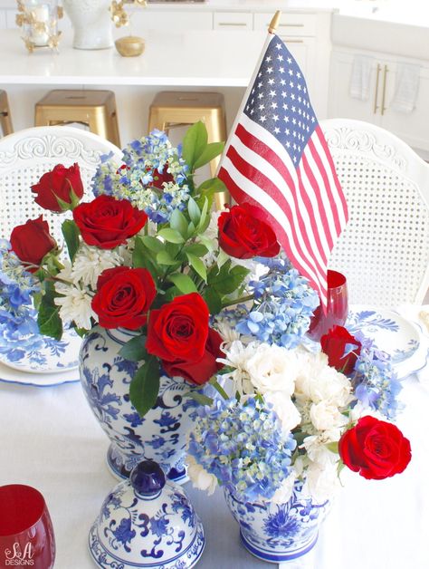 Elegant Fourth of July Tablescape With Ginger Jars - Summer Adams Elegant 4th Of July Decor, Elegant Patriotic Decor, 4th Of July Floral Arrangements, July 4th Tablescape, Classy 4th Of July Decorations, Forth Of July Flower Arrangement, Fourth Of July Table Decor, Red White And Blue Arrangements, Americana Floral Arrangements