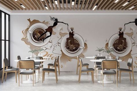 Wall Decor Cafe Design, Wall Cafe Design, Cafe Wall Design Ideas Coffee Shop, Cafe Mural Ideas Coffee Shop, Cafe Wallpaper Design, Mural Cafe Coffee, Wallpaper For Restaurant Wall, Cafe Wall Design Ideas Interiors, Tea Cafe Interior Ideas