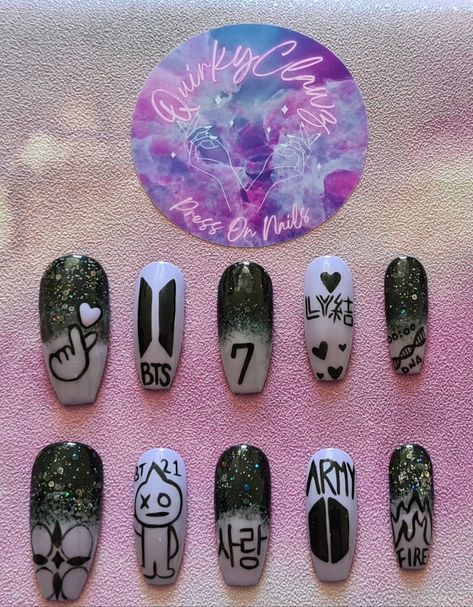 BTS Purple Black Ombre K-pop Themed Hand Painted Press on Nails Army Nail Art, Black And Purple Nails, Army Nails, K Pop Nails, Idol Nails, Army Crafts, Bts Black, Cute Simple Nails, Korean Nails