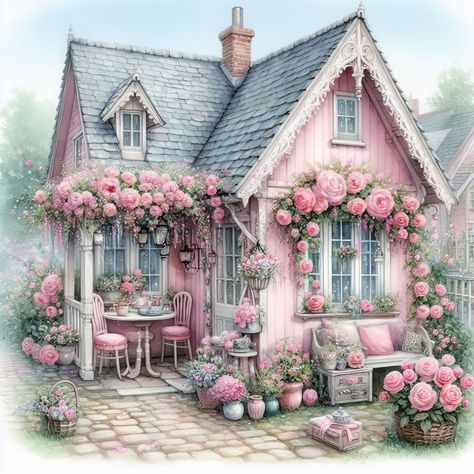 Cute Pink Cottage, Pink Cottage House, Pink Brick House, Cottage Images, Fairy Tale Cottage, Pink Cottage, Fairytale Cottage, Seaside Cottage, Beautiful Cottages