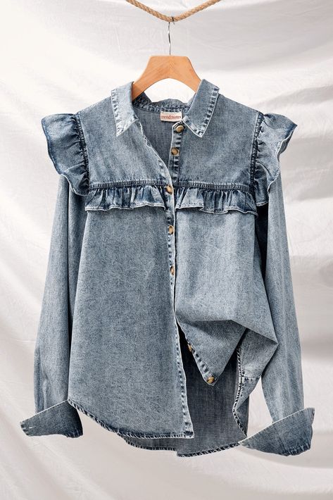 Mix Up Your Average Denim Shirt With Feminine Ruffles! Denim Shirt with Ruffled Flared Shoulder Button Down Color - Medium Wash Cotton Fits True To Size Remake Clothes, Denim Shirt Outfit, Shirt Makeover, Denim Shirt Style, Blouse Tops Designs, Blouse Casual Fashion, Modern Hijab Fashion, Upcycle Shirt, Womens Denim Shirt