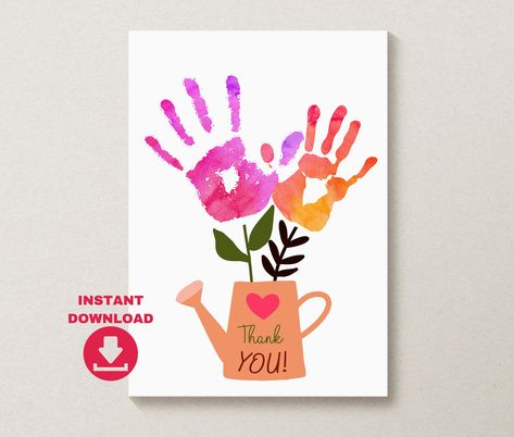 Thank You Handprint Cards, Hand Print Thank You Cards, Thank You Card From Toddler, Toddler Thank You Cards, Thank You Crafts For Kids To Make, Thank You Handprint Art, Homemade Thank You Cards From Kids, Teacher Thank You Cards Diy, Thank You Card From Kids