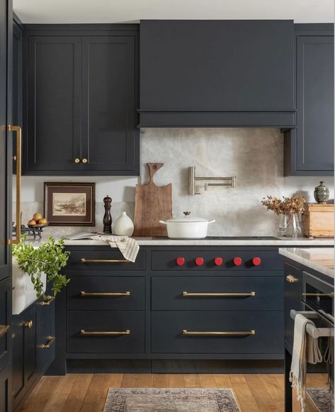 Dark Blue Kitchen Cabinetry - Has become a classic kitchen colour in recent years and one that won’t date too much as a result. Looks great covering all caninetry, paired with colourful accessories such as island stools, wall art and floral arrangements or twinned with a lighter tone or white paint on wall cupboards for example. Whichever the combination, a dark blue cabinet is a classic, chic and beautiful interior choice. Paint options we love, to achieve this look are: Hague Blue @farrowa... Blue Kitchen Inspiration, Dark Blue Kitchen Cabinets, Dark Blue Kitchen, Paint On Wall, Dark Blue Kitchens, Blue Kitchen Designs, Blue Kitchen Island, Blue Cabinet, Colourful Accessories