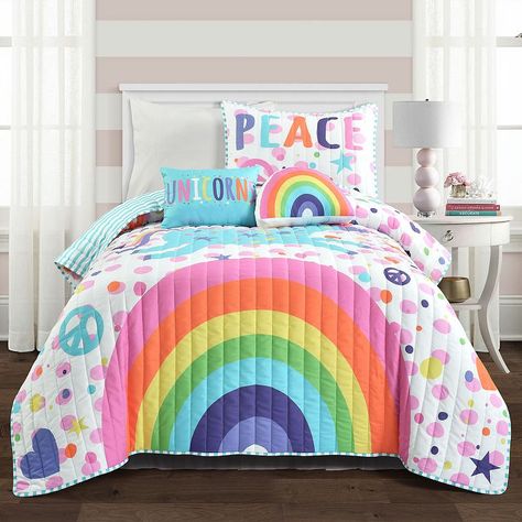 Rainbow Themed Bedroom, Kids Comforter Sets, Rainbow Bedroom, Unicorns And Rainbows, Dec Pillows, Kids Comforters, Bedroom Stuff, Rainbow Pillow, Rainbow Room