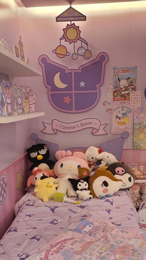 Sanrio Bedroom Ideas Kuromi, Kuromi Inspired Room, Sanrio Room Decor Aesthetic, Kuromi Room Decor Diy, Aesthetic Sanrio Room, Diy Sanrio Room Decor, Hello Kitty Themed Bedroom, Sanrio Bedsheets, Cute Sanrio Room Ideas