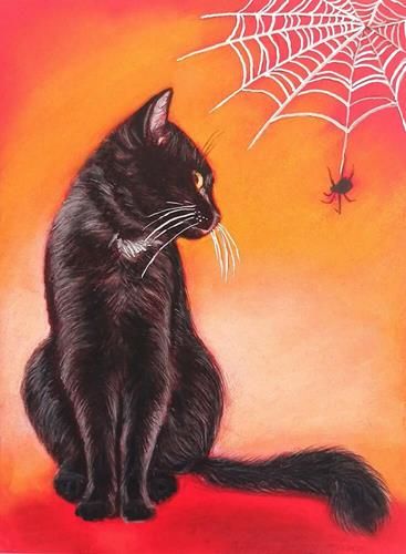 Iryna Mikhailenko Gallery of Original Fine Art Artwork Animals, Thanksgiving Cat, Art For Halloween, Mystical Cat, Drawing Halloween, Crayons Pastel, Black Cat Painting, Colorful Drawing, Painting Halloween