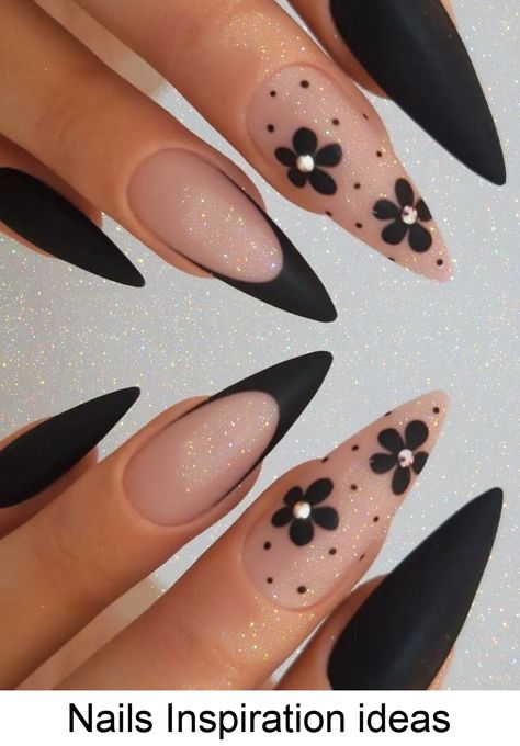 Nails Inspiration ideas Black Flowers Nail Designs, White Pink Black Nails, Black Flower Design Nails, Black Butterfly Nails Almond, Grunge Spring Nails, Dark Nails For Spring, Black Nails For Spring, Spring Nails With Black, Black Spring Nail Designs