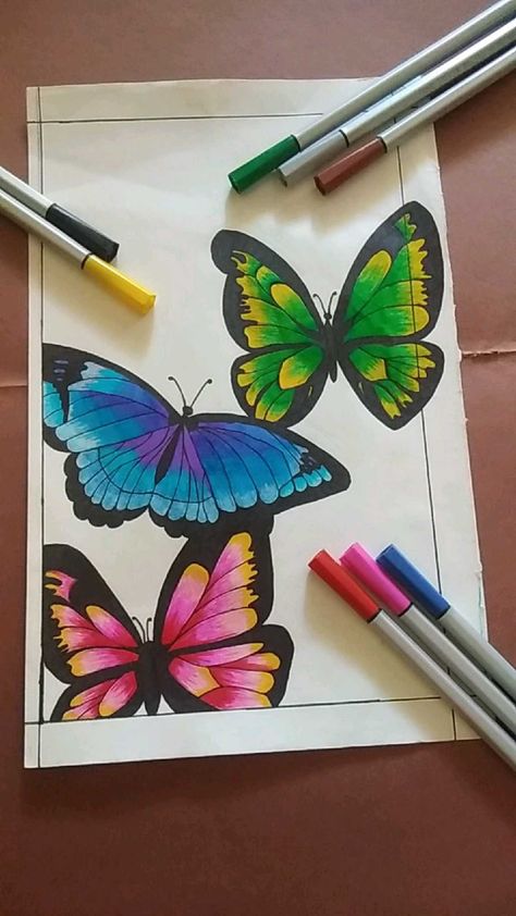 Colored Butterfly Drawing, Secondary Colors Drawing, Secondary Colours Art Ideas, Diy Crafts Pencil Case, Pencil Colours, Butterfly Art Drawing, Heron Art, Secondary Colour, Butterfly Art Painting