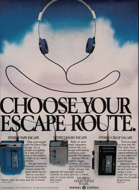 1981 GE Walkman lineup Model 3-5270 Stereo Tape Escape Model 7-1000 Stereo Radio Escape Model 3-5271 Stereo Great Escape Y2k Ads, Teddy Swims, Sony Walkman, Magazine Spreads, Hula Hoops, Get Toned, Airpods Max, Cassette Player, Cassette Tape