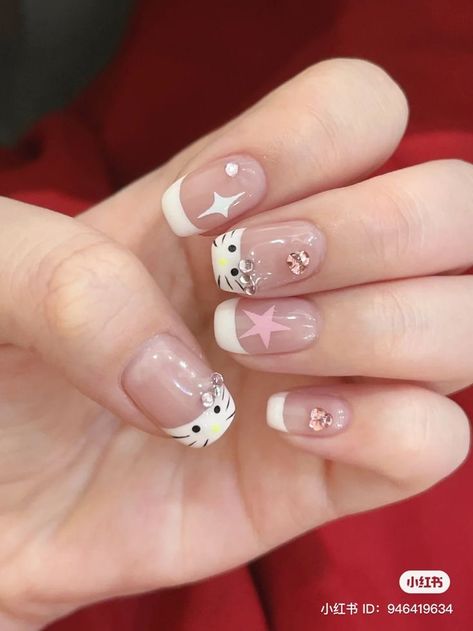 Quartz Nails, Hello Kitty Cute, Medium Coffin, Hello Nails, Gel Nails Diy, Simple Gel Nails, Girly Acrylic Nails, Hello Kitty Nails, Blush Nails