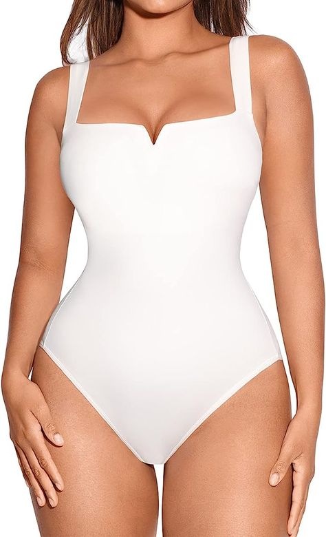 FeelinGirl Square Neck Bodysuit for Women Sleeveless Tummy Control One Piece Slimming Bodysuit Going Out Tank Tops Slim Bodysuit, Bodysuit Tops, Old Navy Tank Tops, Body Suits, Swimsuit Material, Square Neck Bodysuit, Shapewear Bodysuit, Neckline Designs, White Bodysuit