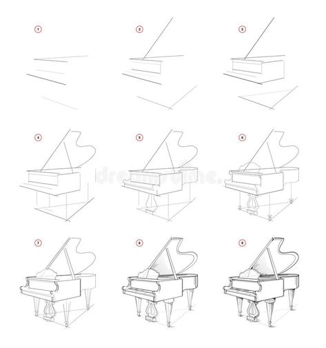 Piano Art Reference, Piano Illustration Drawings, Grand Piano Painting, Piano Drawing Pencil, Drawing A Piano, How To Draw A Piano Step By Step, How To Draw Piano, How To Draw A Piano, Piano Sketch Draw