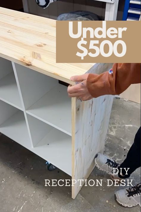 Ikea Front Desk, Ikea Hack Cash Wrap, Ikea Shop Counter, Ikea Kallax Reception Desk, Diy Checkout Counter Boutique, Diy Cash Wrap Counter Retail, Ikea Checkout Counter, Ikea Cash Wrap Counter, How To Build A Checkout Counter