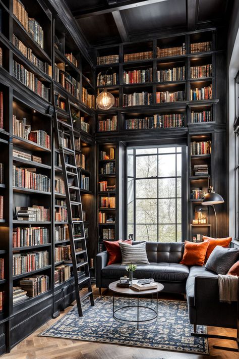 Industrial style home library room Books Home Library, Home Library Attic, Basement Library Ideas Spaces, Home Library Seating Ideas, Library Inspo Aesthetic, Diy Small Library, Room Full Of Books Aesthetic, Library Fireplace Ideas, Boho Home Library