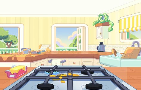 Bluey House Floor Plan, Kitchen Cartoon Background, Bluey Backgrounds, Bluey Art, Kitchen Cartoon, Pass The Parcel, Bluey Characters, Kitchen Background, Wide Wallpaper