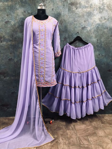 Gorgette heavy embroidered and stone worked Suit. For buy contact +918075331988 Lavender Sharara, Long Frocks For Girls, Frock Ideas, Pakistani Sharara, Salwar Kameez Wedding, Girls Boutique Dresses, Punjabi Suits Designer Boutique, Muslimah Wedding Dress, Suit Pakistani