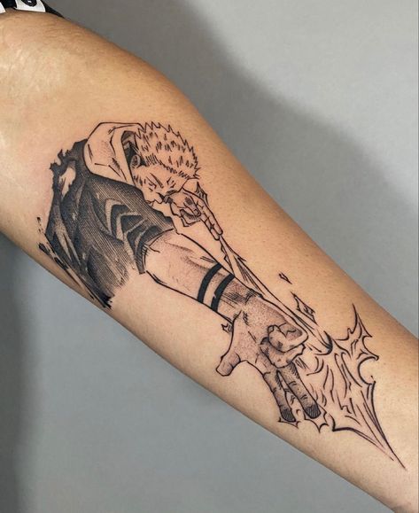 Sick Anime Tattoos, Jujutsu Kaisen Manga Tattoo, Jujitsu Kaisen Tattoos, Anime Wrist Tattoo, Choso Jjk Tattoo, Yuji Tattoo, Yuji Itadori Tattoo, Faded Tattoo Ideas, Jujitsu Kaisen Tattoo Designs