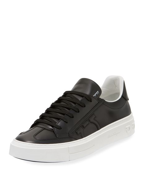 SALVATORE FERRAGAMO MEN'S BORG LEATHER LOW-TOP SNEAKERS, BLACK. #salvatoreferragamo #shoes # Caged Shoes, Salvatore Ferragamo Men, Asics Sneakers, Ferragamo Men, Stylish Handbags, Ferragamo Shoes, Sneakers Men Fashion, Embossed Logo, Mens Trainers