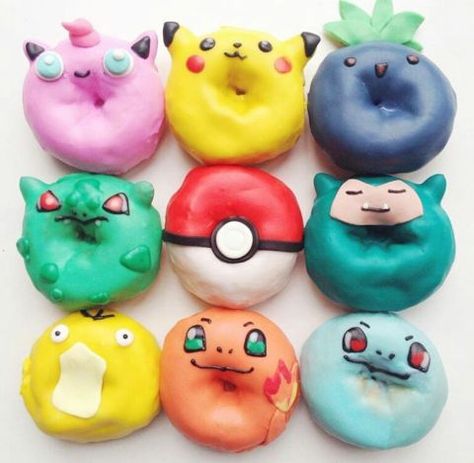 We choose... all of these foods for breakfast, lunch and dinner. Pokemon Recipe, Pokemon Food, Donut Decorating Ideas, Donut Decorations, Pokemon Birthday Party, Ginger Cake, Food Meals, Cute Donuts, Pokemon Theme