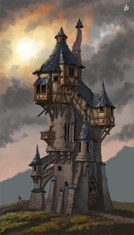 tover, Alexey Astankov on ArtStation at https://www.artstation.com/artwork/rzdzG Medieval Tower Concept Art, Mage Tower Concept Art, Fantasy Buildings Art, Fantasy Tower Concept Art, Fantasy Building Concept Art, Steampunk Concept Art, Building Concept Art, Mage Tower, Fantasy Tower