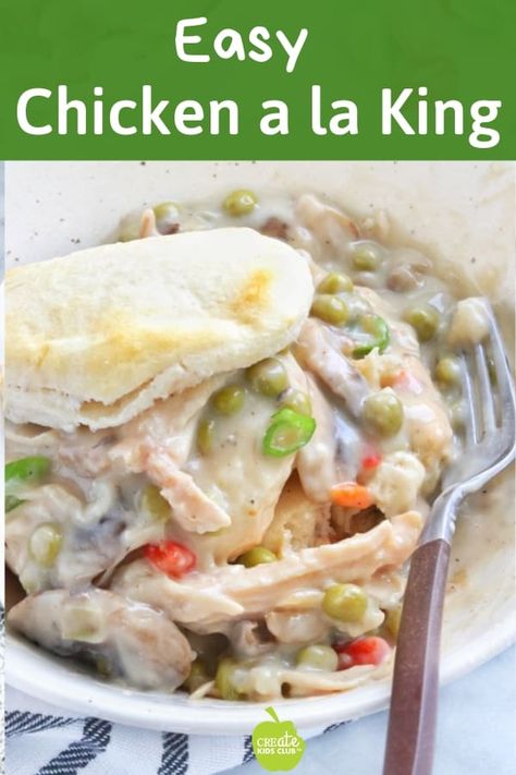 An easy classic homemade chicken a la king recipe that's also healthy! Served over biscuits, with rice, puff pastry, or noodles this is a family favorite dinner recipe. #chickenalaking #easychickenalaking #healthydinnerrecipe #createkidsclub #shreddedchickenrecipe Bisquick Pot Pie, Easy Chicken A La King, Bisquick Chicken Pot Pie, Chicken A La King Recipes, Bisquick Chicken, Chicken A La King, Frugal Cooking, Savory Tarts, Amazing Chicken