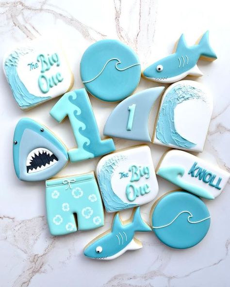 The Big One Birthday Cookies, The Big One Surf Birthday Cookies, The Big One Cookies, Moving Party, Surf Birthday, First Birthday Cookies, Beach Cookies, Baby Birthday Themes, Sugar Cookie Designs