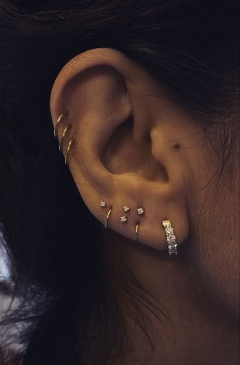 Pretty Ear Piercings Unique, Ear Piercings Unique, Stacked Lobe, Piercings Chart, Double Ear Piercing, Constellation Piercings, Ear Styling, Curated Ears, Unique Ear Piercings