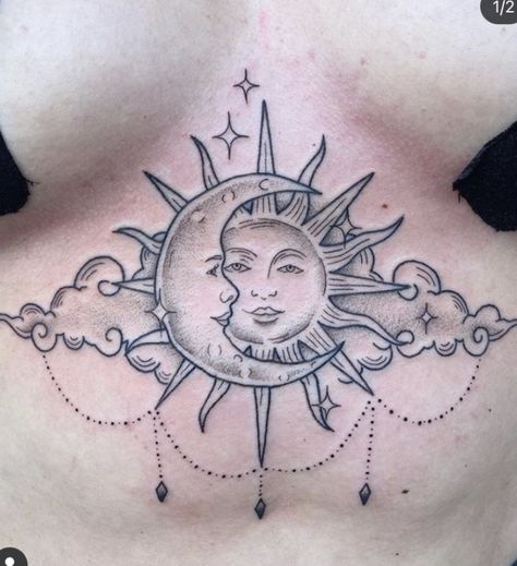 sun&moon underboob tattoo #chesttattoos #tattooideas Chest Tattoos For Women Sternum, Sternum Tattoos For Big Chested Women, Middle Of Breast Tattoo For Women, Moon Sternum Tattoo Women, Pretty Sternum Tattoo, Unique Underboob Tattoo, Cool Chest Tattoos For Women, Sun Underboob Tattoo, Moon Chest Tattoo Female