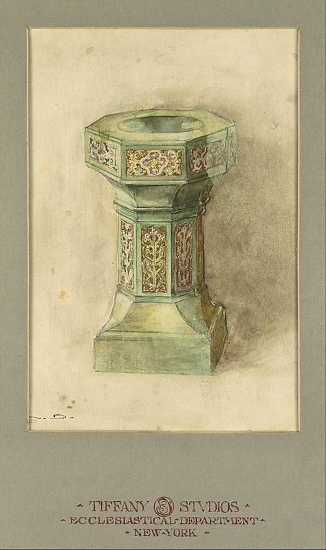 Design for baptismal font,  Louis Comfort Tiffany.  Watercolor, brown wash, and graphite on off-white wove paper (or artist board) in original warm grey matt. Baptismal Font, Jesse Tree, Church Furniture, Tiffany Studios, Soap Ideas, Simple Object, Louis Comfort Tiffany, Aesthetic Movement, Catholic Art