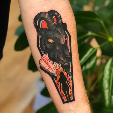 Black Phillip Tattoo, Coffin Tattoo, Live Deliciously, Stick Tattoo, Black Phillip, Tattoo Process, Old School Tattoo Designs, Poke Tattoo, Tattoo Needles