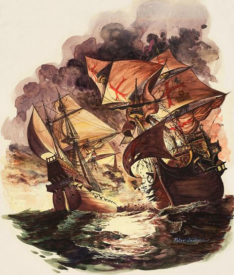 Defeat of the Spanish Armada (Original) (Signed) art by Peter Jackson at The Illustration Art Gallery Lion Book, Maritime Painting, Spanish Armada, Peter Jackson, Giclee Painting, Elizabeth I, British History, Illustration Artists, Gouache Painting