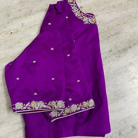 Elevate your wardrobe with our stunning Designer Zardosi Maggam Work Blouses! ✨ - Fabric : Half pattu/Raw Silk - Dispatch: 4 days - Price. : 1900unstitched - 2450stitched With customizable colors and sizes, each blouse is crafted to perfection, just for you! Don’t miss out—transform your outfit with a touch of tradition and elegance. Get yours now and stand out in any crowd! 🌸 Purple Color Saree With Contrast Blouse, Purple Blouse Work Designs, Purple Blouse Designs, Purple Saree Blouse, Saree Blouse Modern, Purple Color Saree, Zardosi Blouse, Embroidery Blouse Saree, Hand Embroidery Blouse