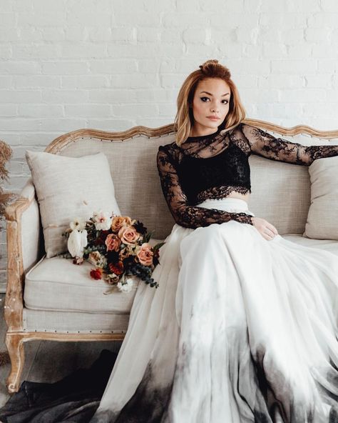 Casual 🖤✨ // Willow crop + Cordelia skirt in Caviar // shop link in profile // photo @lauracraffeyphoto // hair + makeup @onlo_beauty //… Vintage Black Wedding, Handfasting Dress, Jeweled Wedding Dress, Tulle Wedding Skirt, Bride Dress Lace, Beach Wedding Gown, Sweet Caroline, Wedding Skirt, Classic Skirts