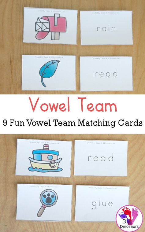 Free Vowel Team Matching Cards - You have two cards for each vowel team with a picture and then a matching word with the same vowel team as the card. This is a fun matching activity for older kids - 3Dinosaurs.com #vowelteams #learningtoread #freeprintable #subscriberfreebie #3dinosaurs Two Vowels Go Walking Activities, Vowel Pairs Activities, Oa Words, Ee Words, Vowel Team Words, Ea Words, Reading Printables, 3 Dinosaurs, Vowel Teams