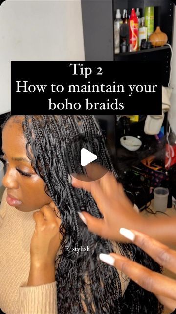 London braider|Knotless braids on Instagram: "Tip 2 on how to keep your boho alive  My clients usually keep their braids for 6-8 weeks by following this tips  #bohobraids #goddessboxbraids #braidstutorial #goddessboxbraids #bohobraidstutorial #knotlessbraids #hairtransformation #viralvideos #explorepage✨" Maintain Boho Knotless Braids, How To Take Care Of Boho Knotless Braids, Boho Knotless Braids Maintenance, How To Maintain Boho Knotless Braids, How To Keep Boho Braids From Tangling, How To Refresh Boho Knotless Braids, How To Take Care Of Boho Braids, How To Maintain Boho Braids, How To Style Boho Knotless Braids