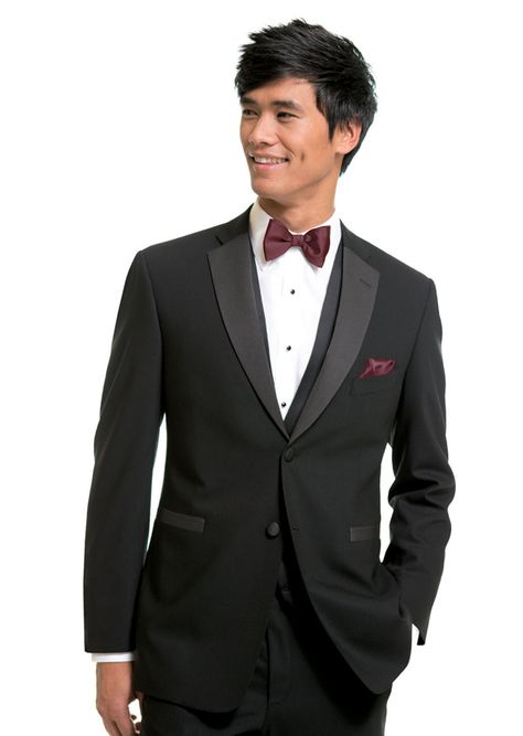 Coppley 9497 Black, notch lapel, two-button vented tuxedo. Slim fit. The colour of the year for 2015 Wine Expressions bow tie and pocket square. Groomsmen Attire Black, Mens Tux, Mens Wedding Attire, Velvet Bow Tie, White Tuxedo, Black Tux, Formal Suit, Groomsmen Suits, Groomsmen Attire