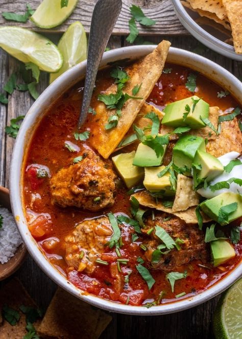 Meatball Tortilla Soup, Wandering Chickpea, Chipotle Soup, Chipotle Meatballs, Holistic Eating, Meatball Soup Recipes, Mexican Soup, Seasoned Chicken, Meatball Soup