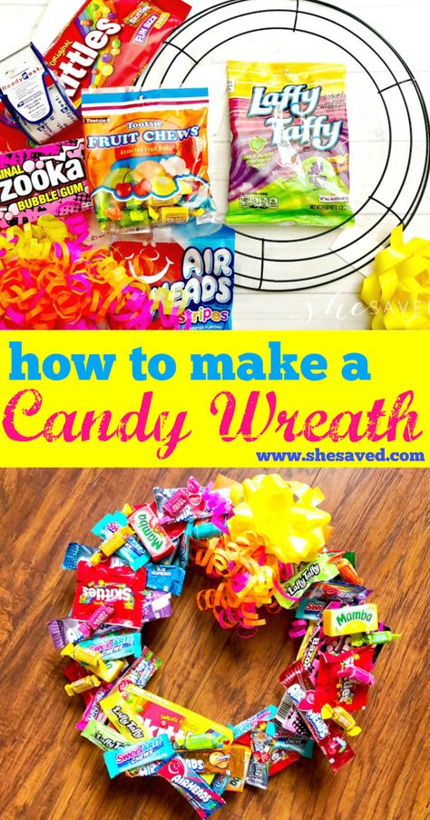 How to make a Candy Wreath Candy Bar Bouquet Diy, Candy Wreath Diy, Candy Wreaths, Birthday Candy Bouquet, Candy Bar Bouquet, Raffle Ideas, Candy Gifts Diy, Mini Crafts, Candy Creations