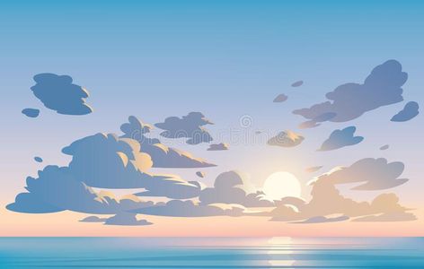 Vector landscape blue sky and clouds. Sunset. Anime cartoon clean style. stock illustration Cartoon Landscape, Sky Vector, Background Inspiration, Vector Landscape, Landscape Blue, Cloud Illustration, Caracter Design, Blue Sky Clouds, Watercolor Landscapes