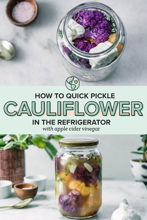 Want to learn how to quickly pickle cauliflower in the refrigerator with apple cider vinegar? Check out this easy pickled cauliflower recipe that's ready in 2 hours. Refrigerator Pickled Cauliflower Recipe, Quick Pickled Cauliflower, Pickled Cauliflower Recipe, Cauliflower Pickles, Pickle Party, Easy Pickling Recipes, Pickled Cauliflower, Fast 800, Canned Fruits